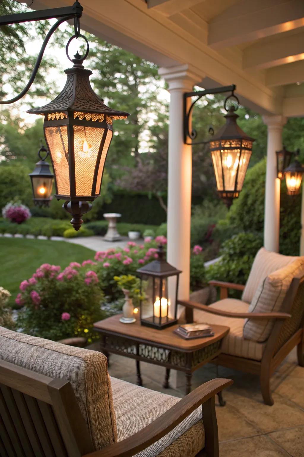 Wall lanterns offer a timeless, warm glow.