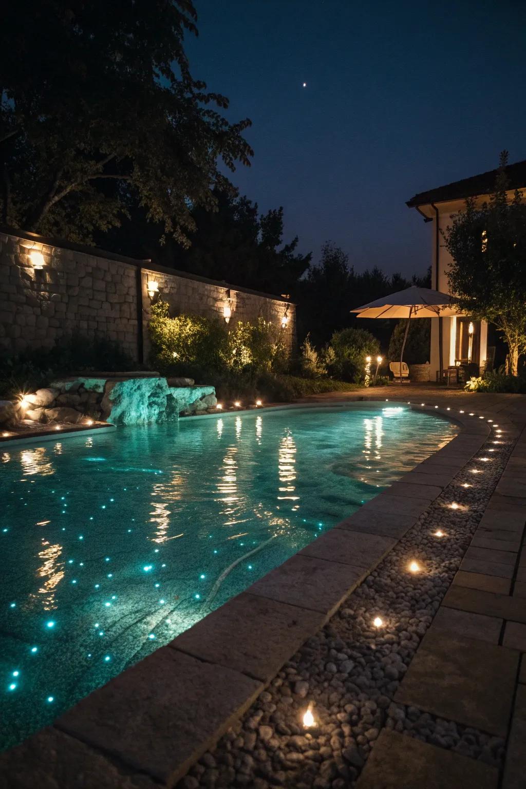 Pool lights transform an evening swim into a spectacle.