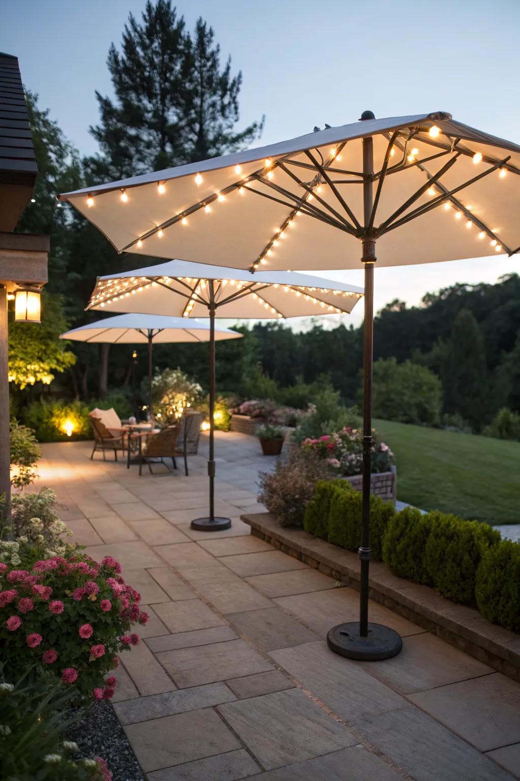 Lighted umbrellas offer dual functionality.