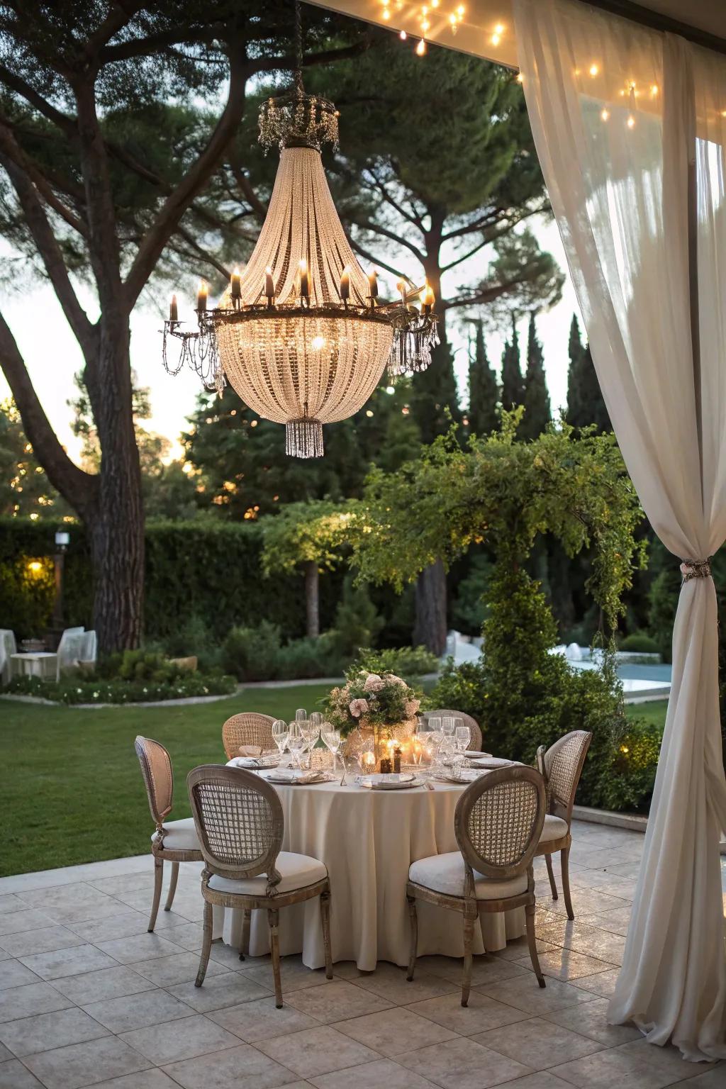 Chandeliers elevate outdoor dining with elegance.