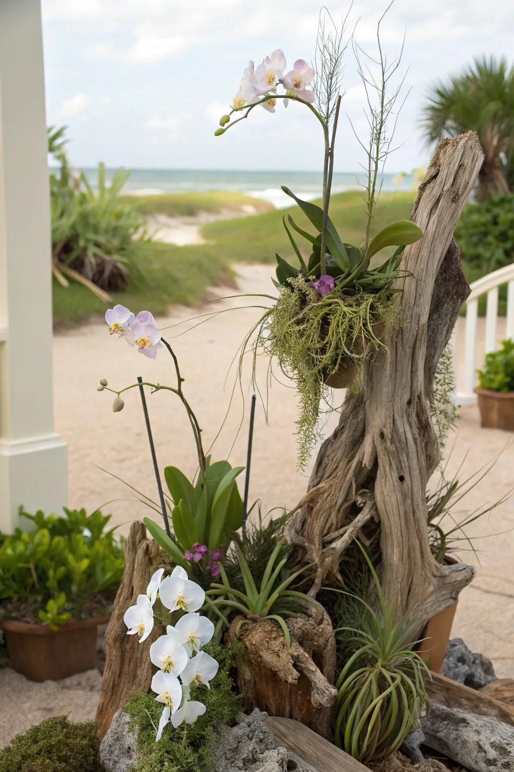 Driftwood displays add a whimsical seaside vibe.