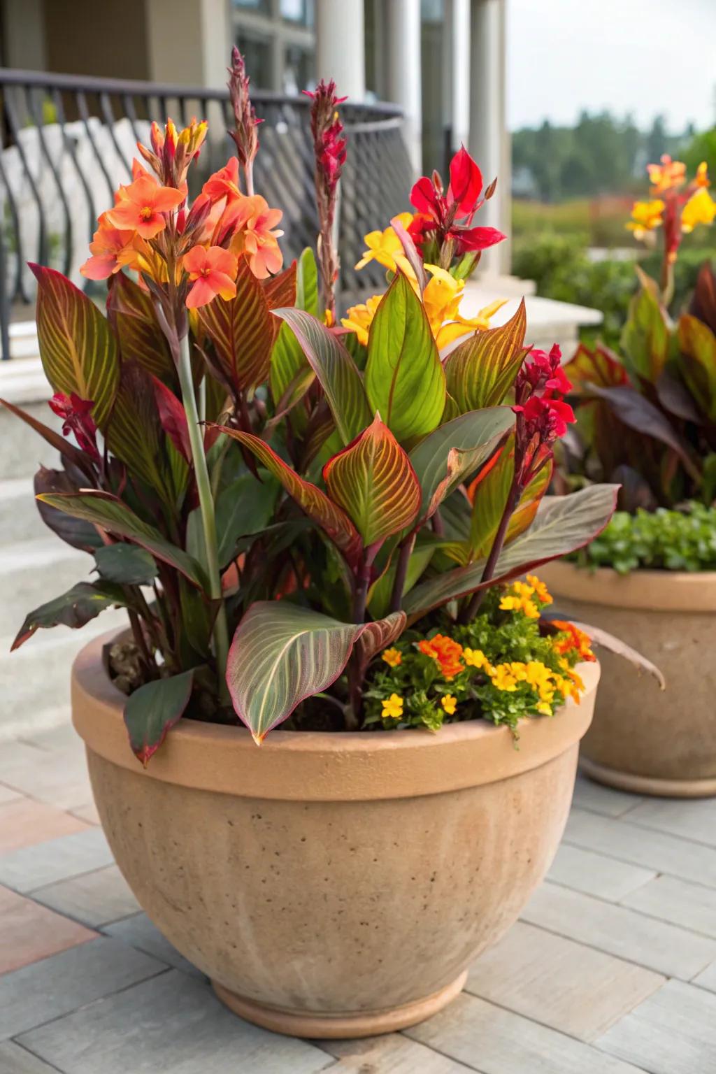 A mix of colorful cannas brings a vibrant touch.