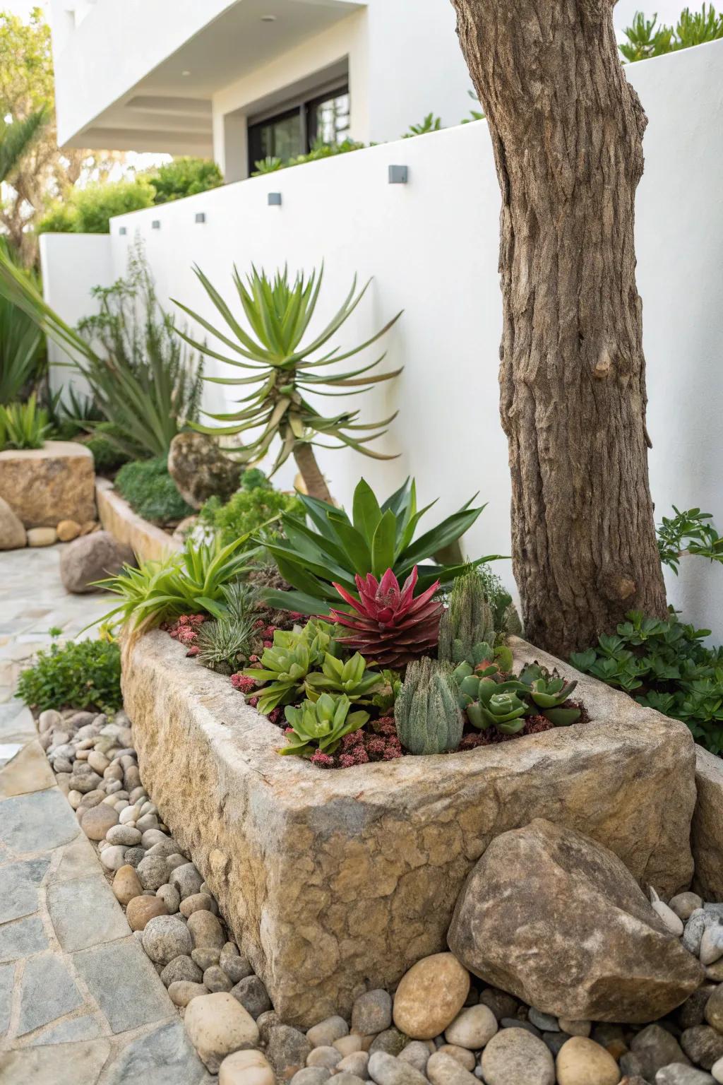 Stone planters with succulents offer a unique tropical twist.