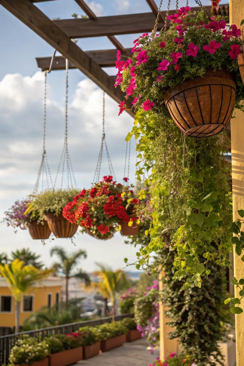 Colorful baskets add movement and cheer.