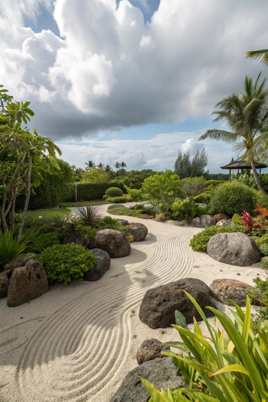 Zen elements create a tranquil tropical retreat.