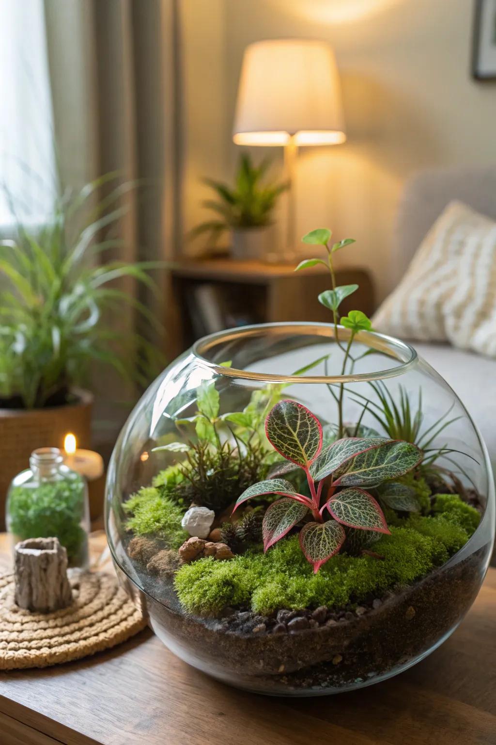 Miniature terrariums bring the jungle indoors.