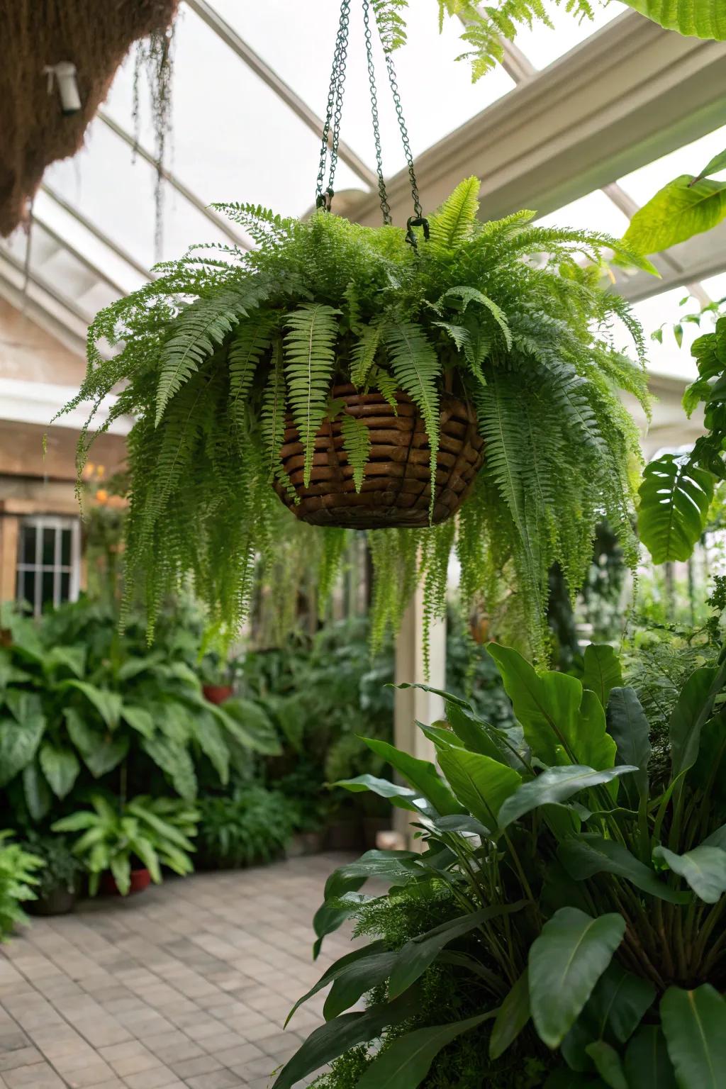 Tropical ferns add a soft, cascading touch.
