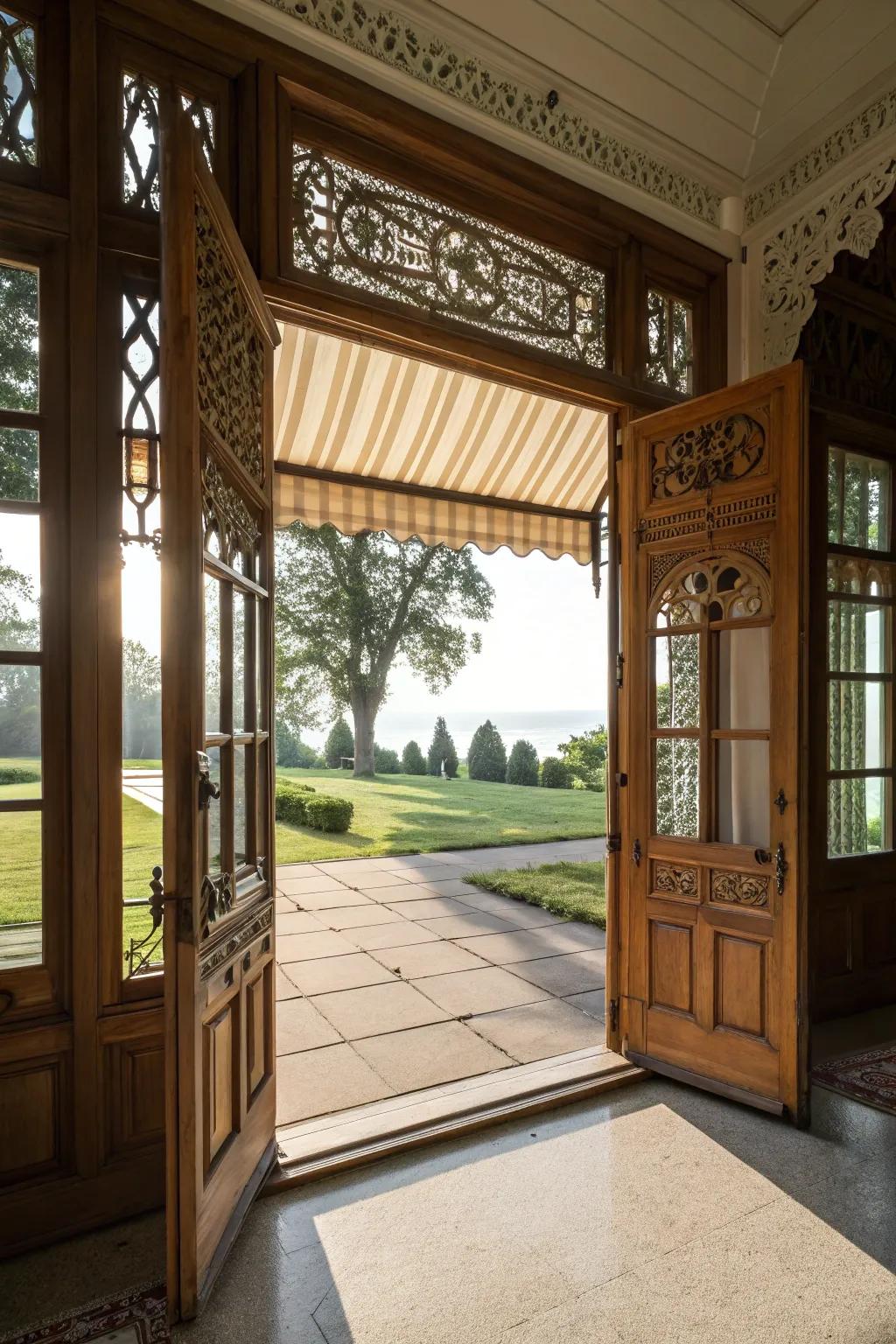 A front door featuring awning windows for added ventilation and style.