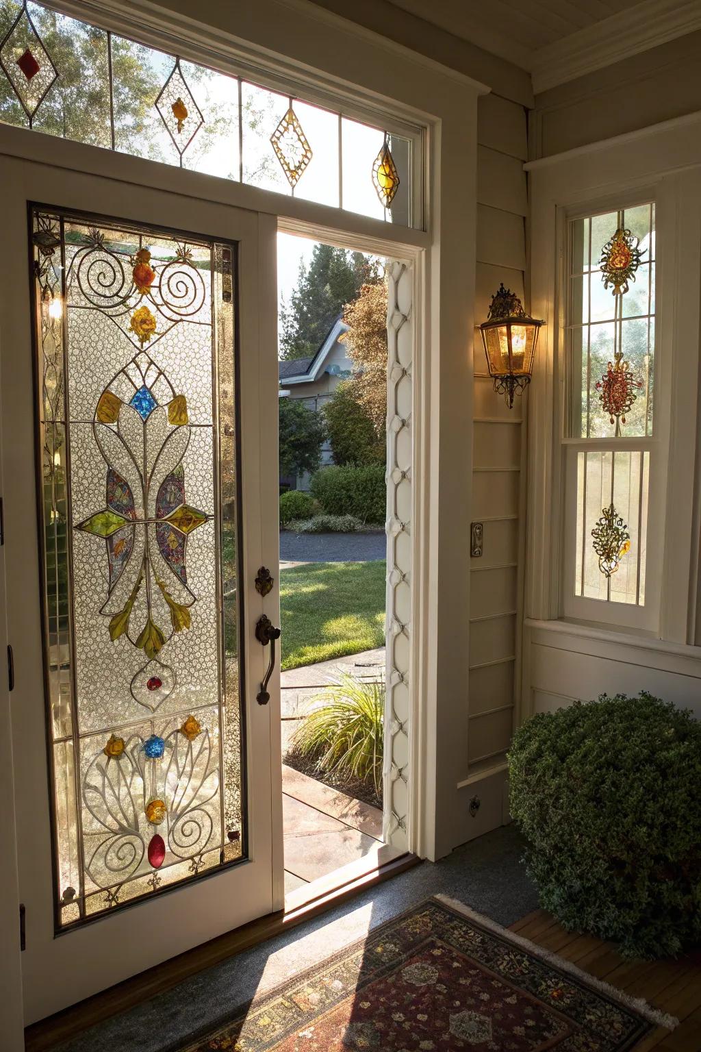 A front door enhanced with stunning decorative glass inserts.