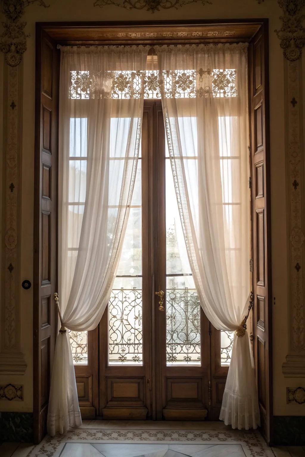 A front door adorned with delicate sheer curtains, adding a touch of elegance.