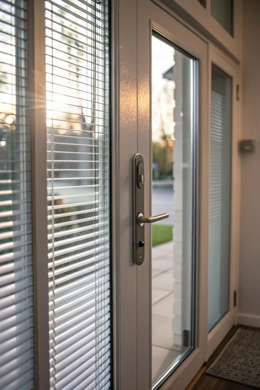 A front door featuring modern, sleek blinds for privacy and style.