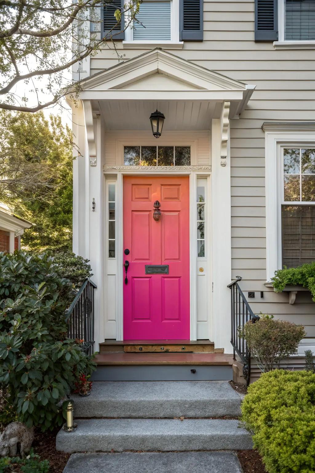 A strikingly bold front door that stands out with its vivid color.