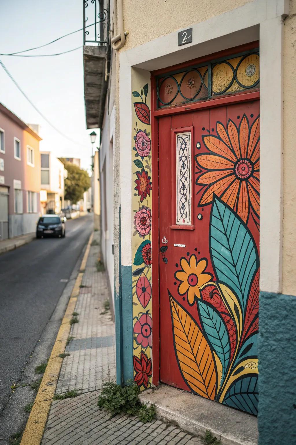 A front door transformed into a canvas with a vibrant mural.