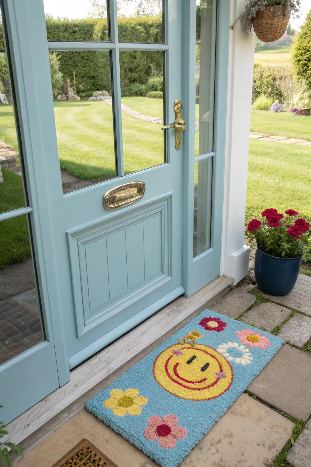 A front door complemented by a playful and inviting door mat.