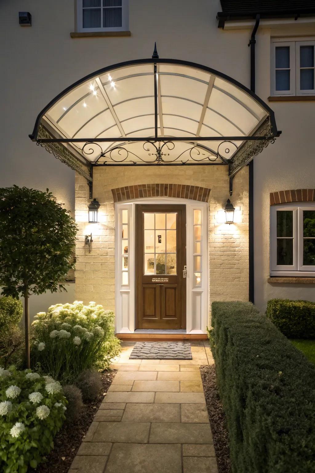 A front door with a charming canopy providing both style and shelter.
