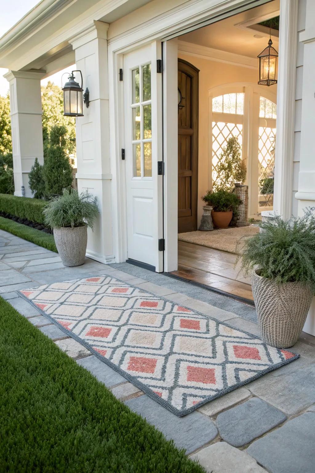 A front entrance made inviting by a chic outdoor rug.
