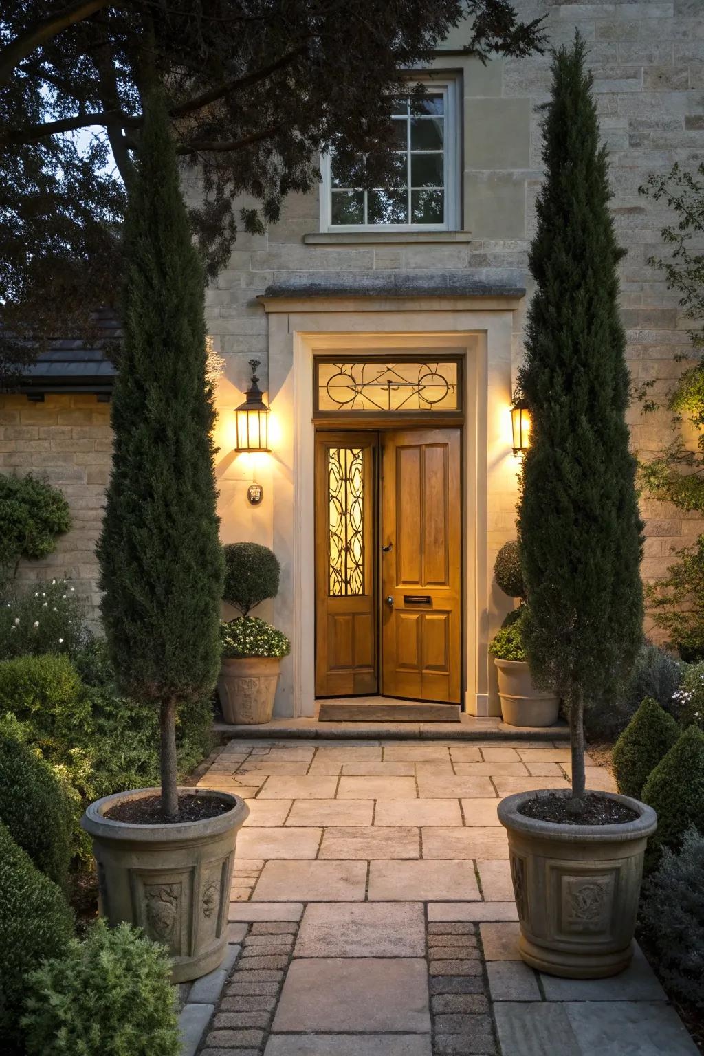 A front door warmly greeted by elegant potted trees.