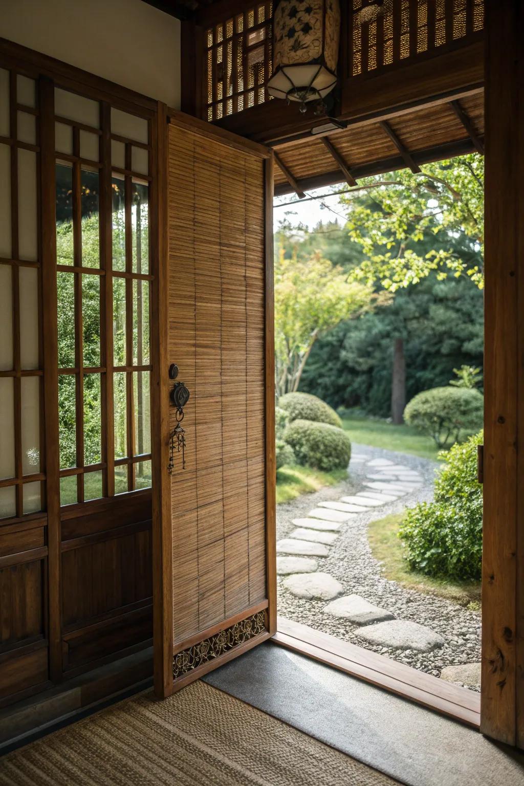 A front door creating a tranquil atmosphere with a bamboo screen.