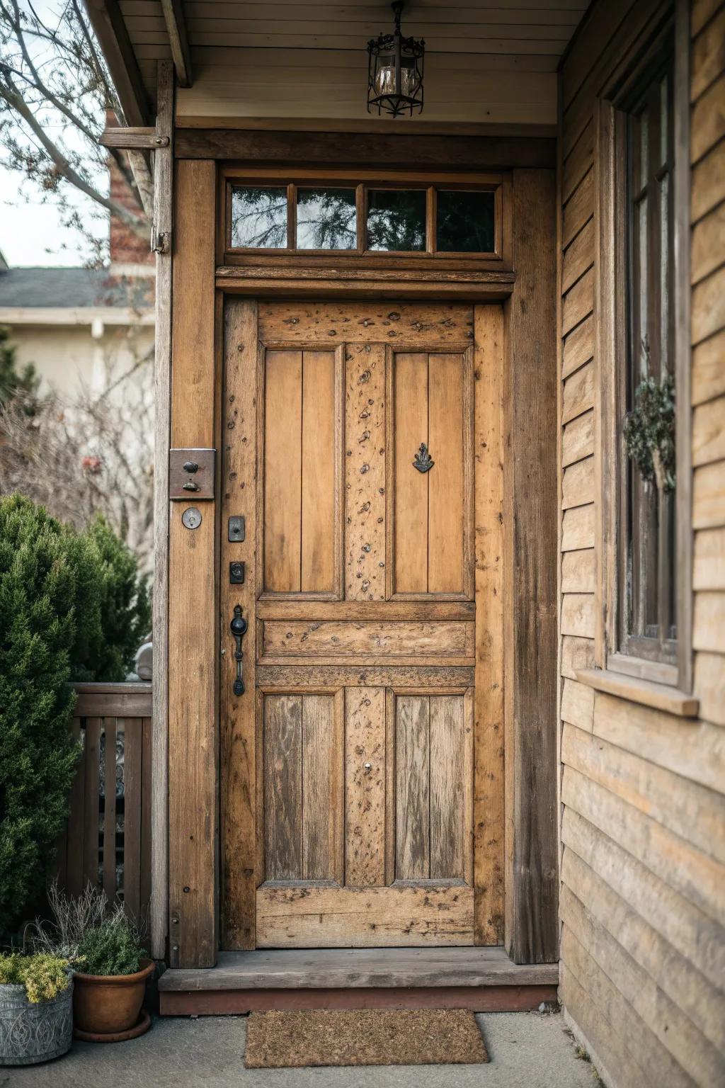 A front door enhanced by the natural beauty of wooden panels.