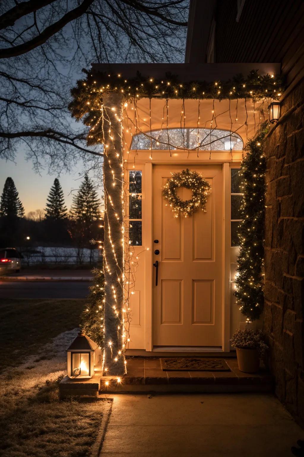 A front door exuding whimsical charm with twinkling fairy lights.