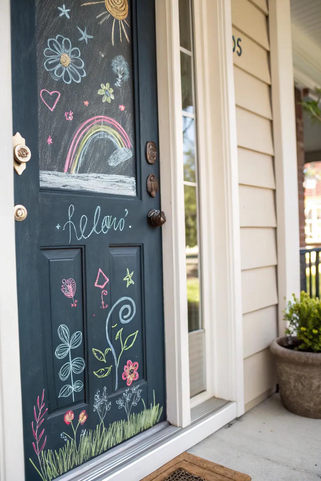 A front door turned into a creative canvas with chalkboard paint.