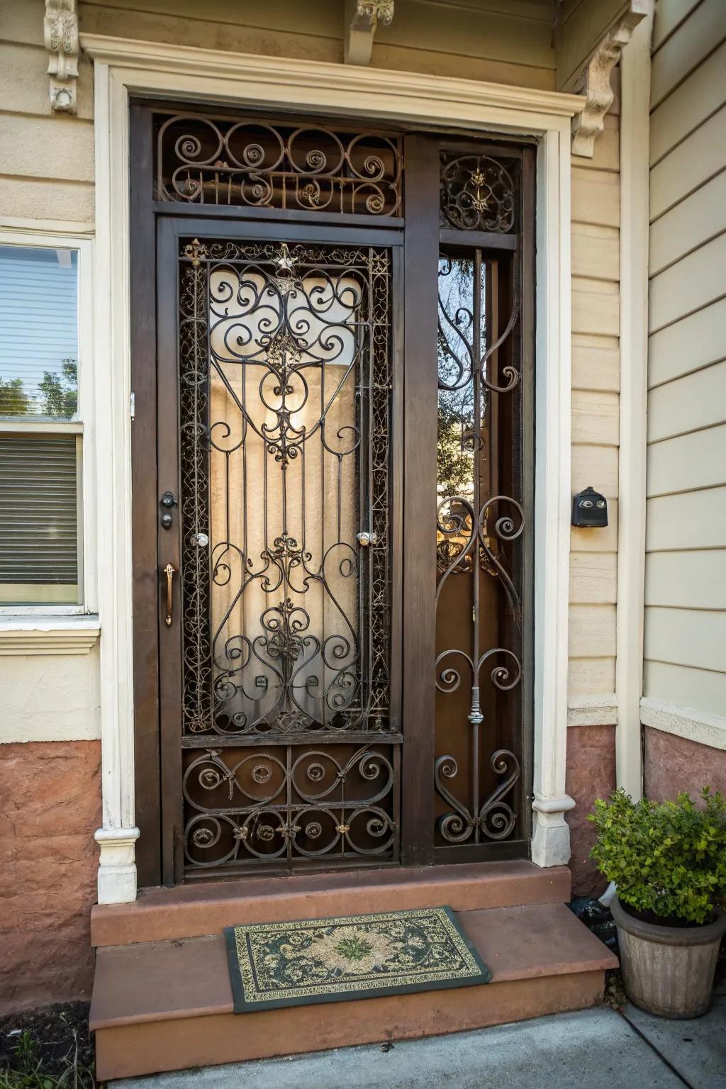 A front door secured and styled with a decorative metal grille.