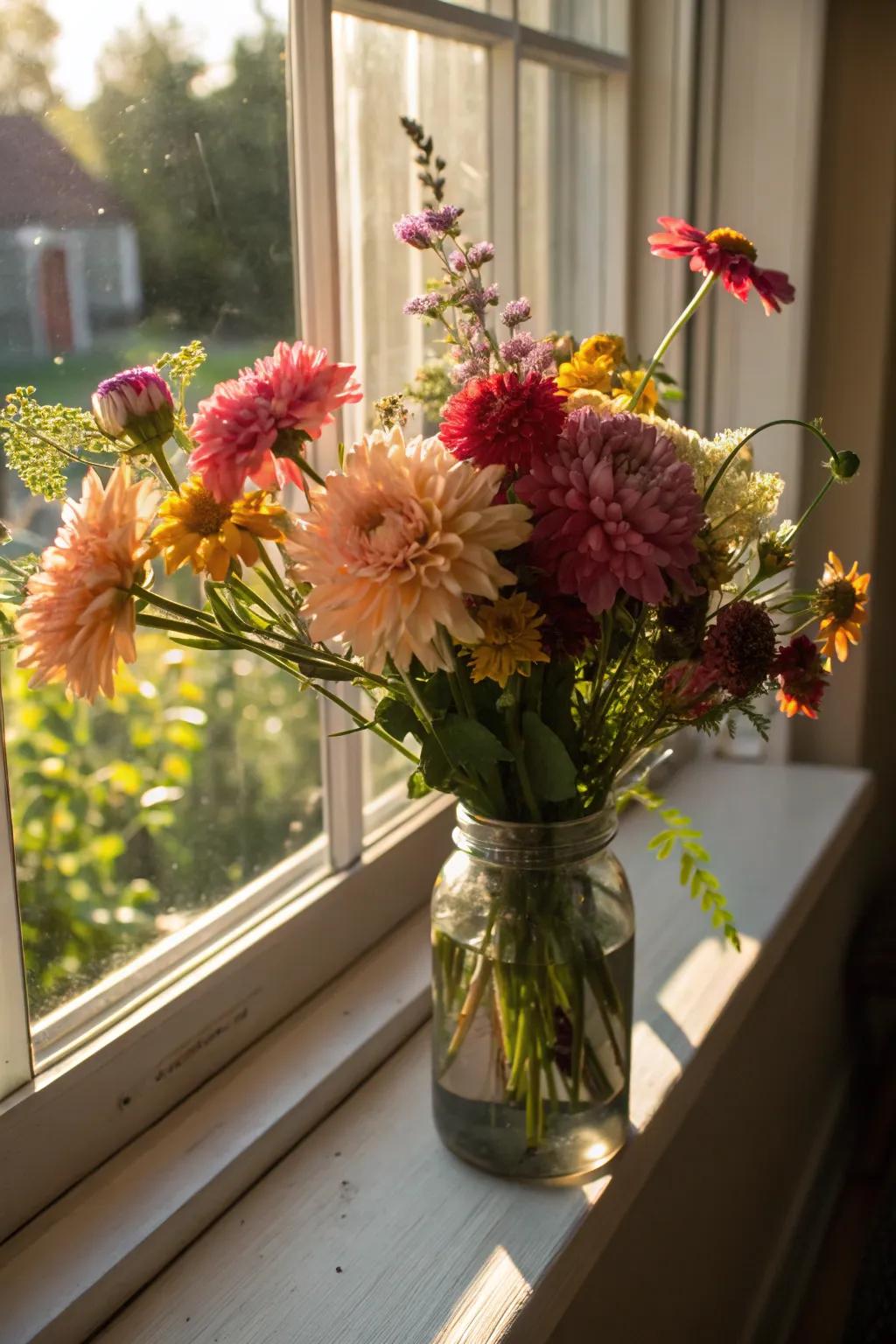 Dahlias mixed with wildflowers bring a touch of the meadow indoors.