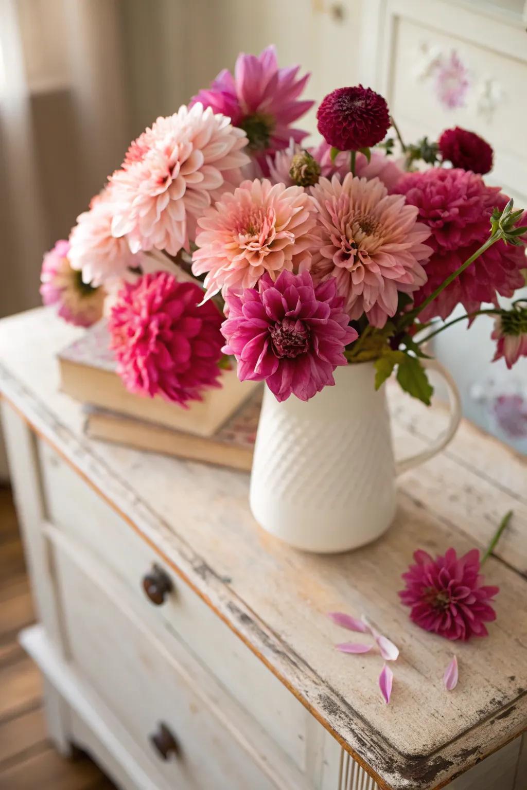Monochromatic dahlia arrangements create a soft and romantic vibe.