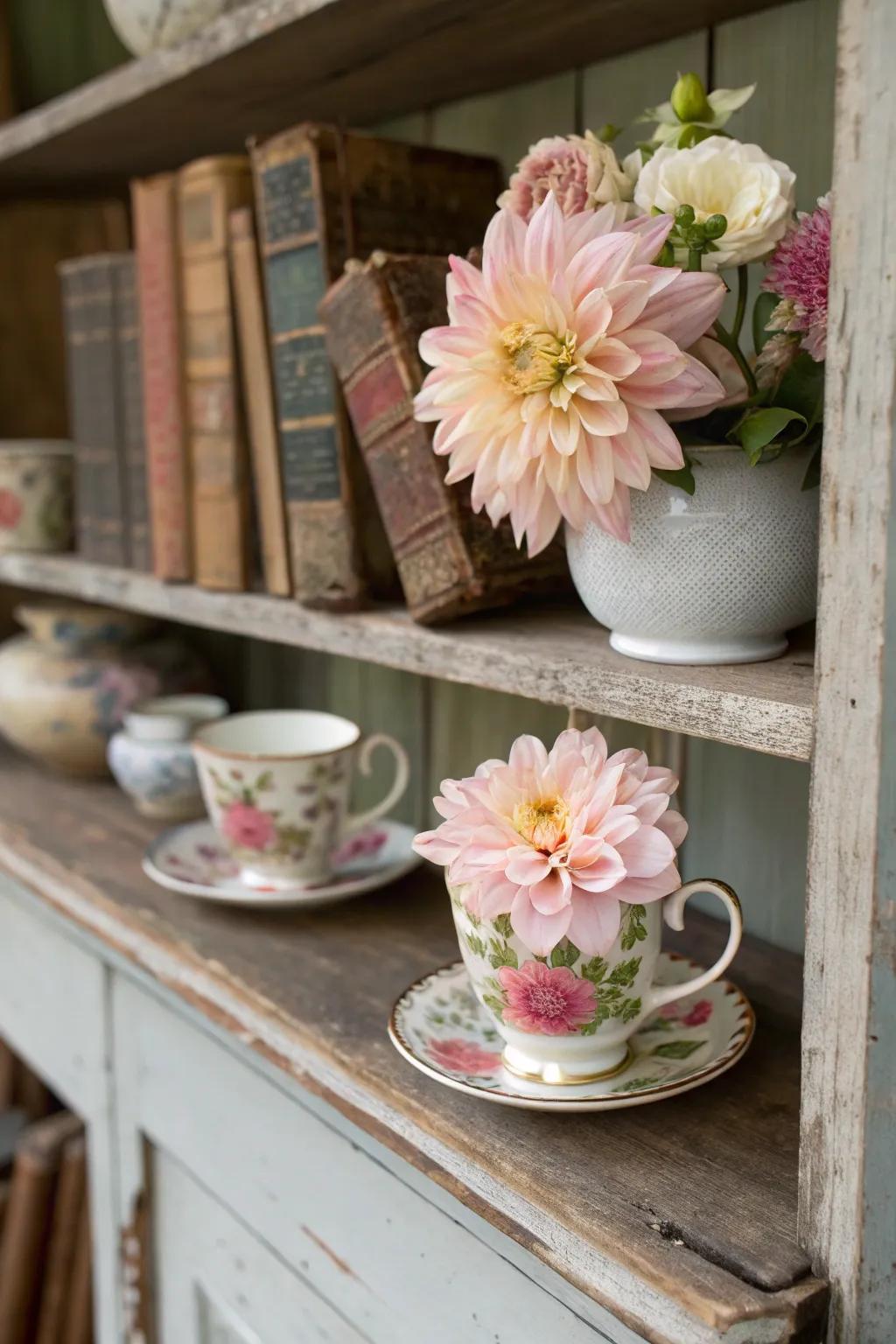 Vintage tea cups offer a quaint and charming touch to dahlia displays.