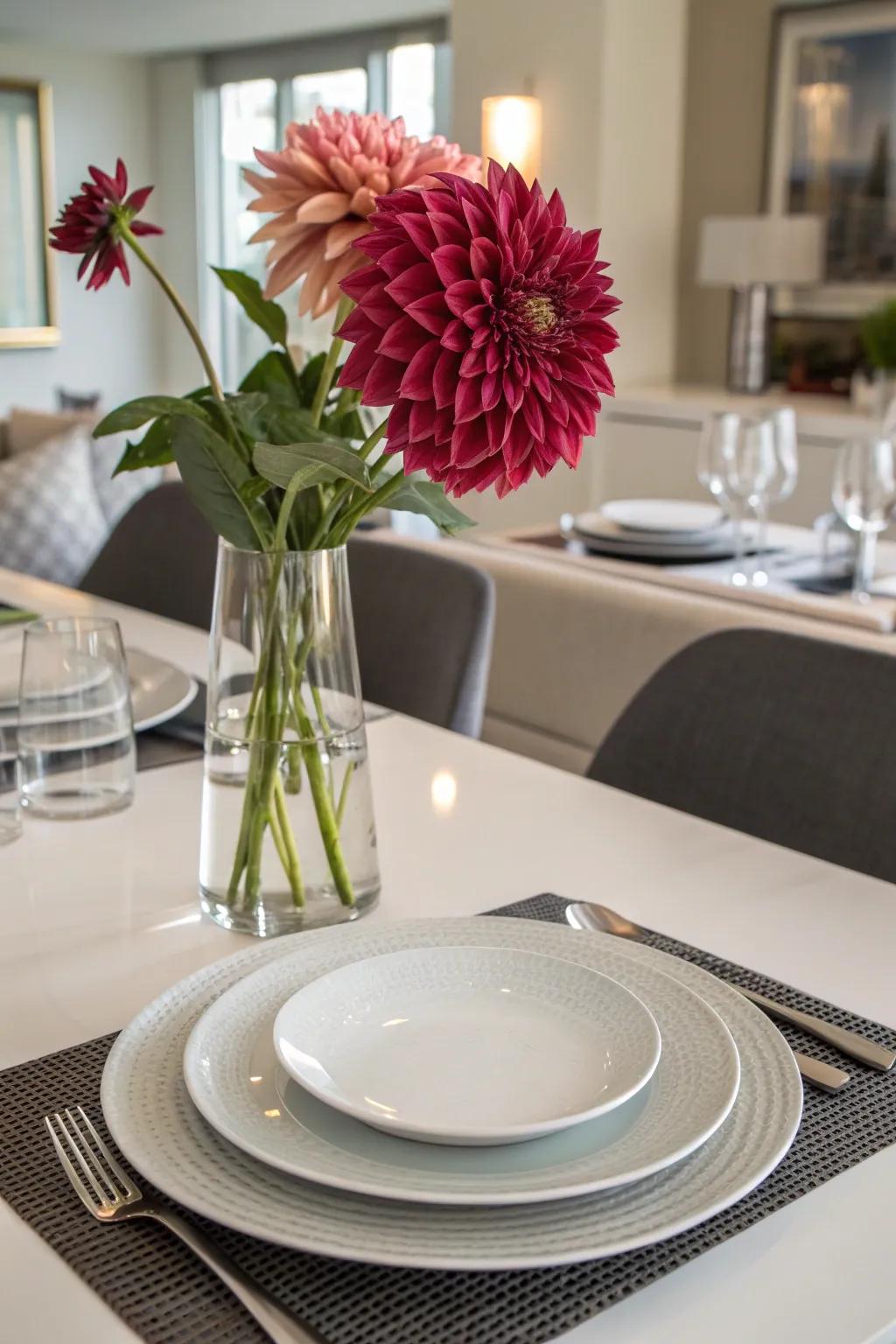 Dinner plate dahlias serve as a dramatic focal point in any arrangement.