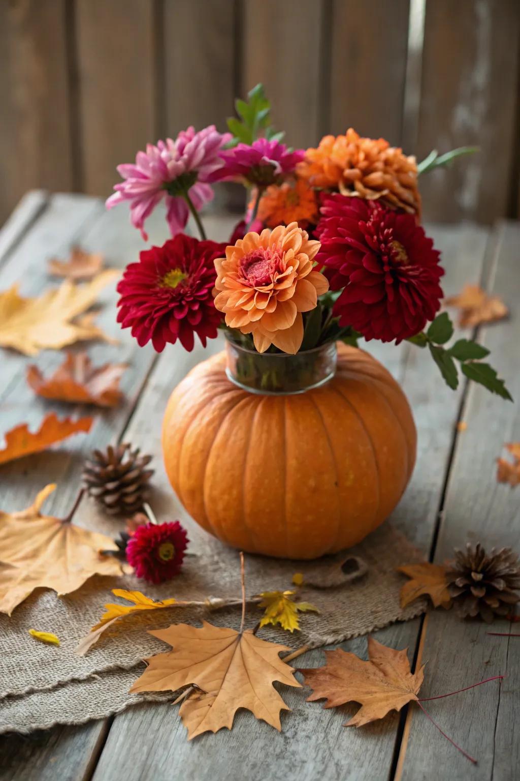 A creative use of pumpkins as vases adds a rustic charm.