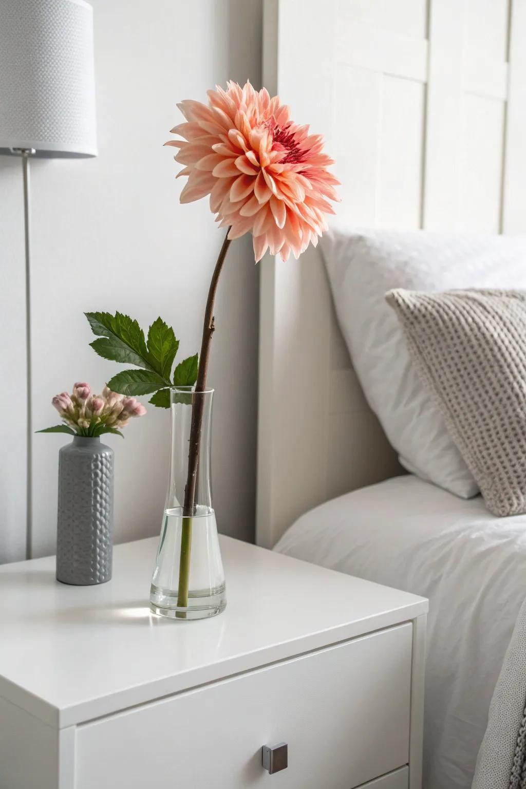 A single dahlia in a vase adds a minimalist elegance.
