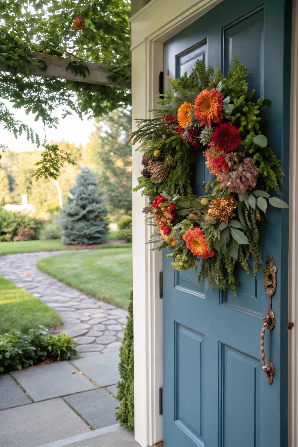 Dahlia wreaths offer a festive and elegant touch to any entryway.