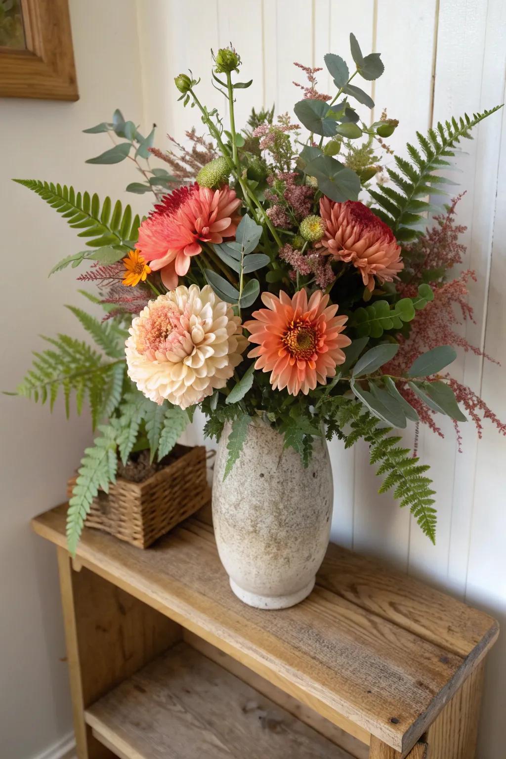 Layered textures with dahlias and greenery create a lush arrangement.