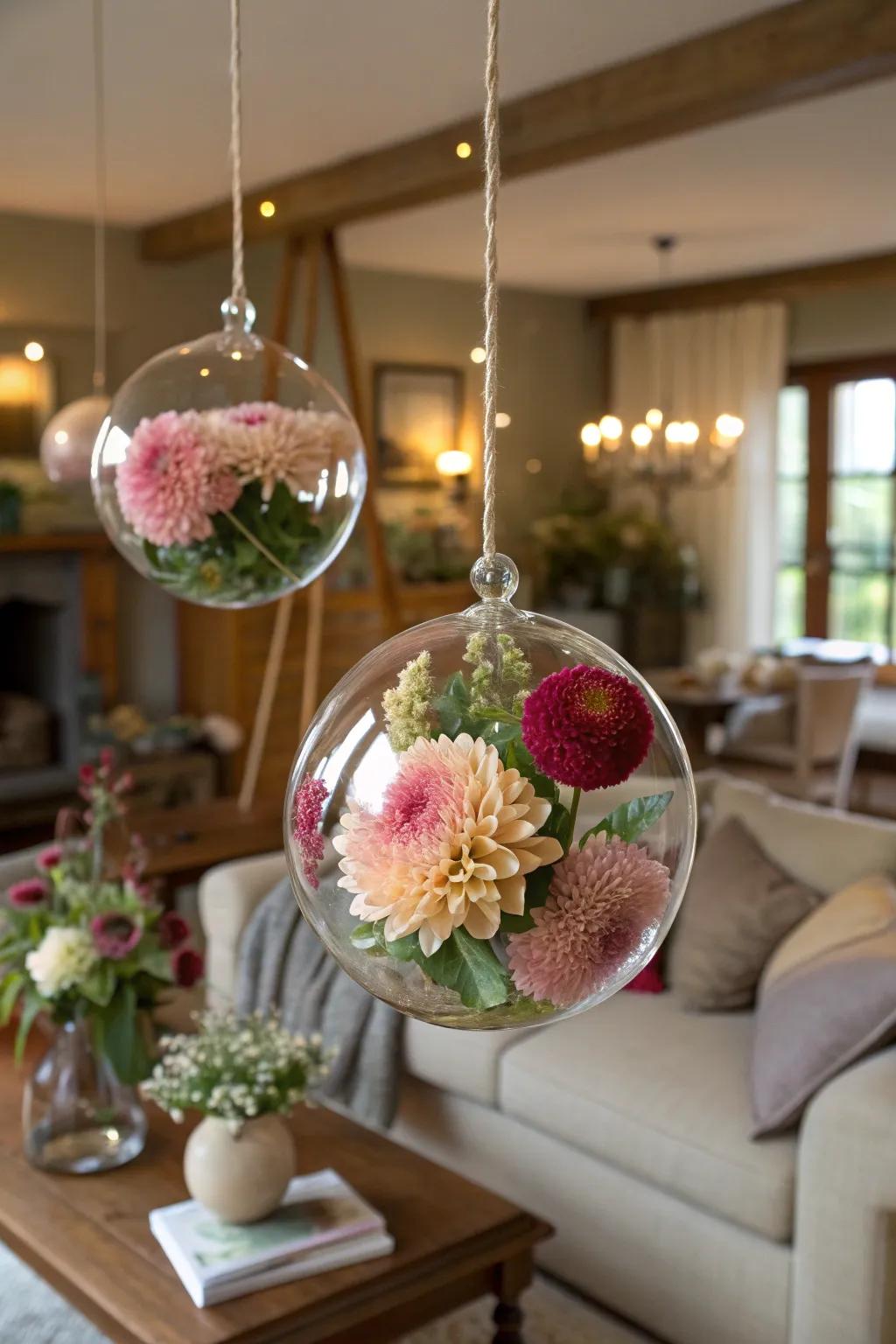 Hanging globes with dahlias add whimsy to any space.