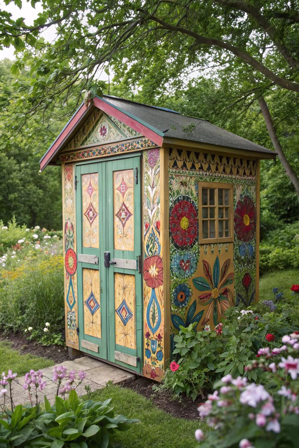 An artistic shed that stands out with unique designs.