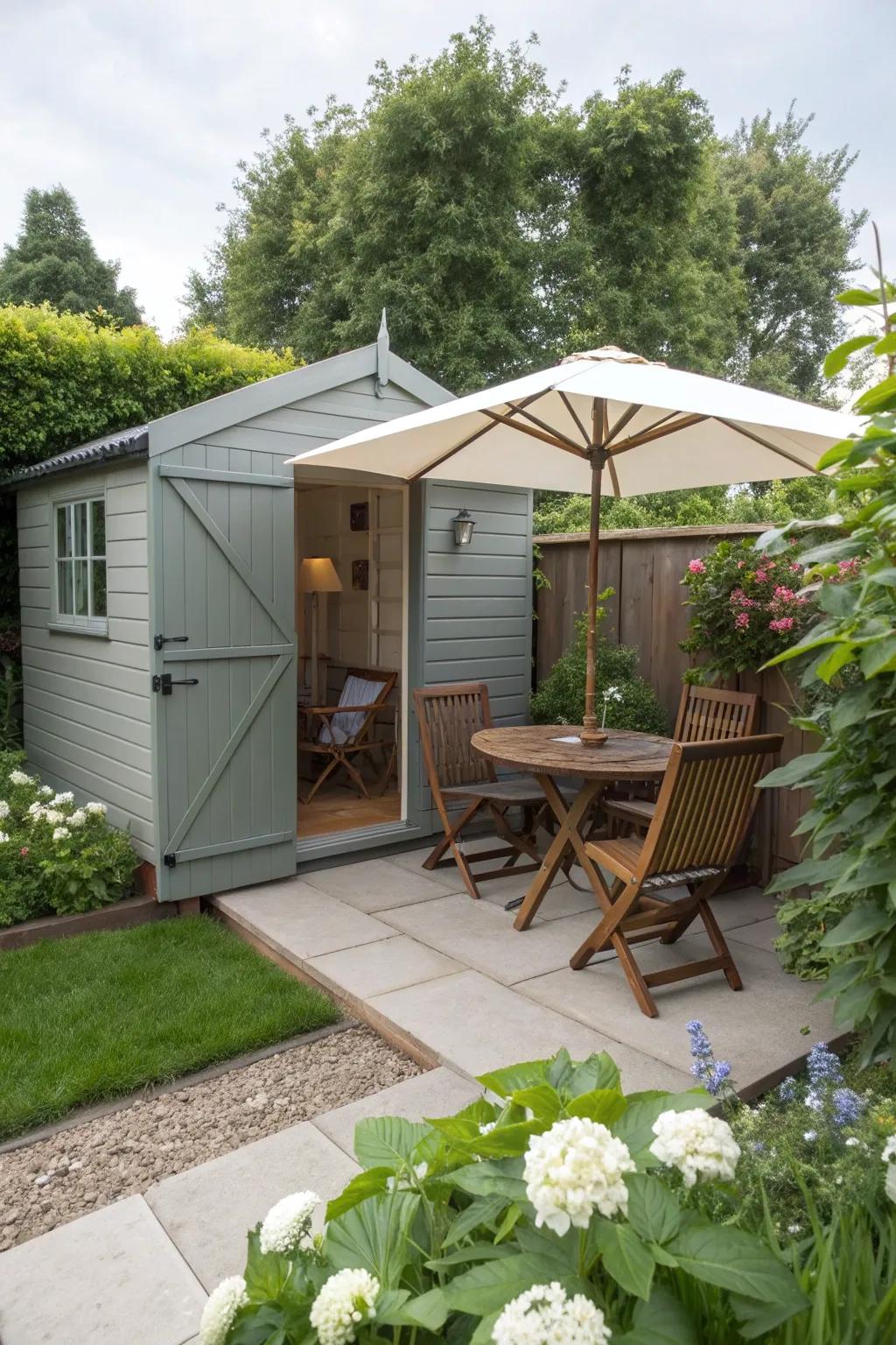 A shed with a patio, creating an outdoor living space.