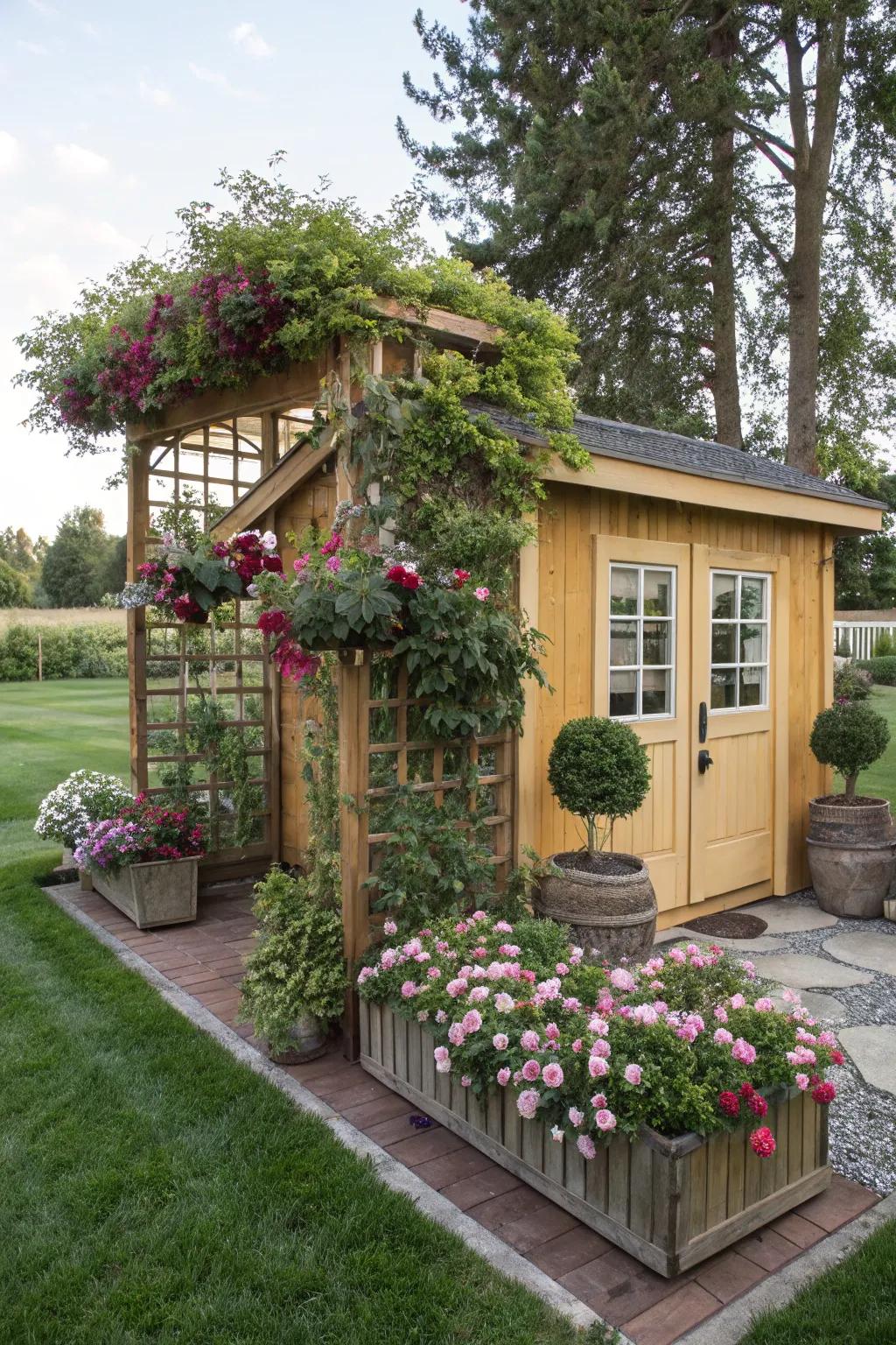 A shed that doubles as a garden feature with decorative elements.
