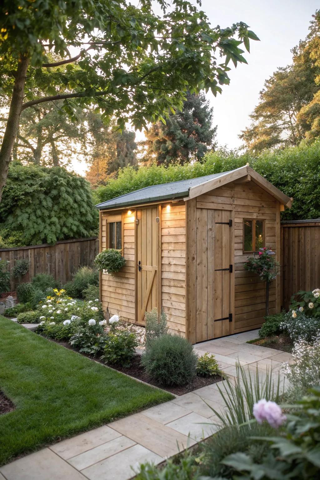 An integrated shed that complements the garden landscape.