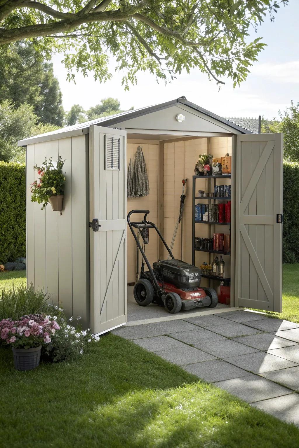 A shed with wide doors for effortless access.