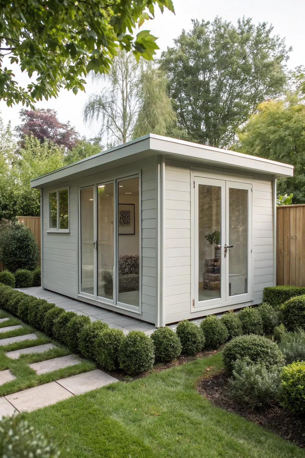 A sleek, minimalist shed for contemporary gardens.