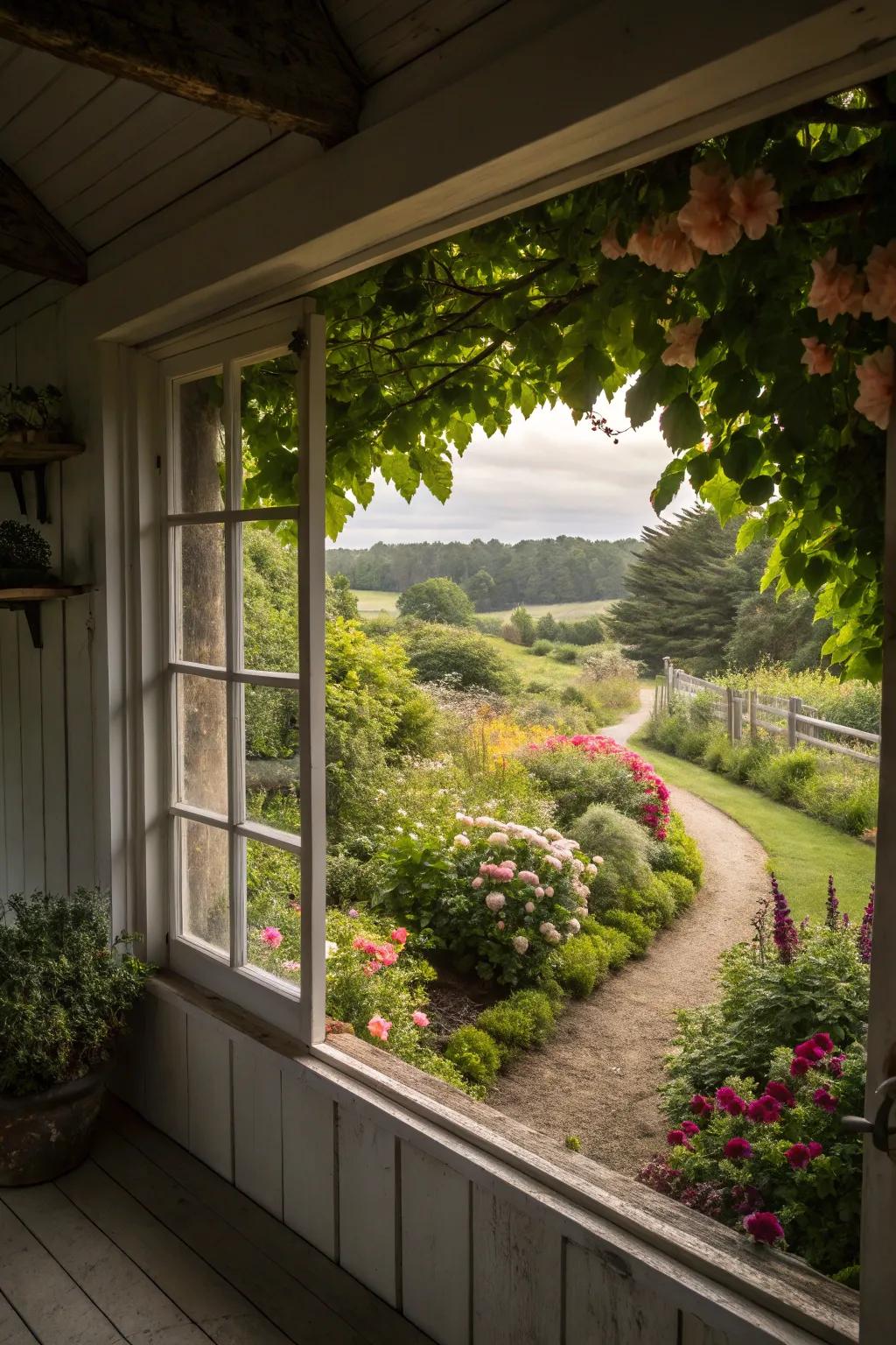 A shed with a window offering a beautiful garden view.