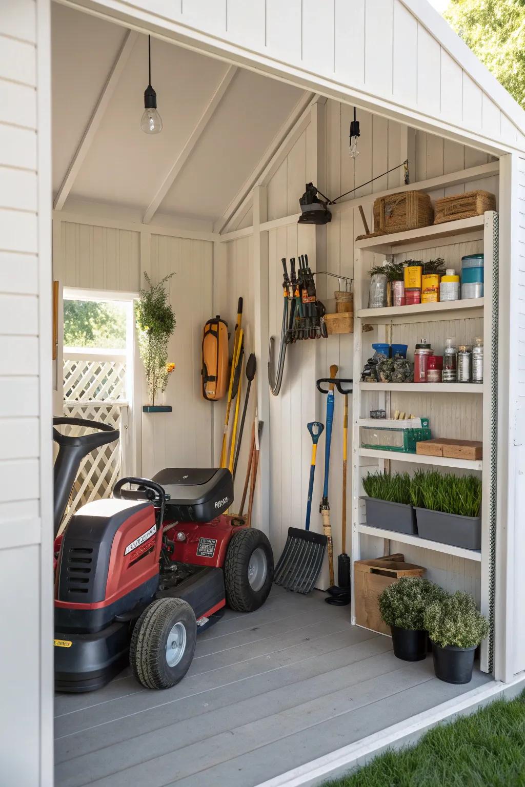 A dual-purpose shed for mower and tool storage.