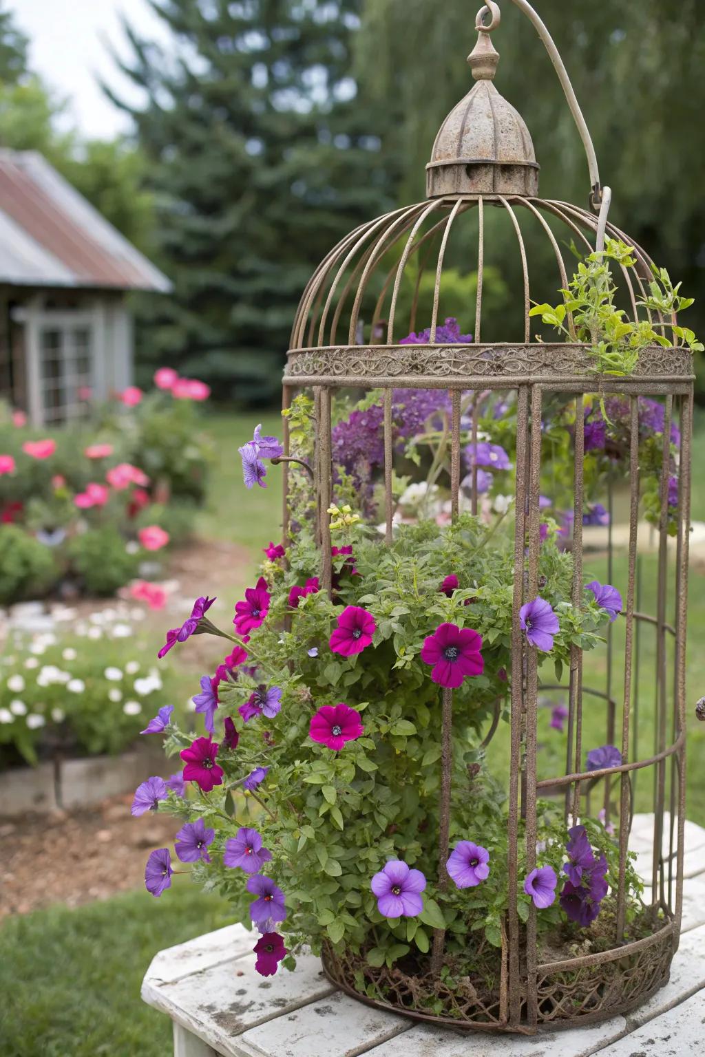 Add whimsy with a birdcage planter filled with vibrant petunias.
