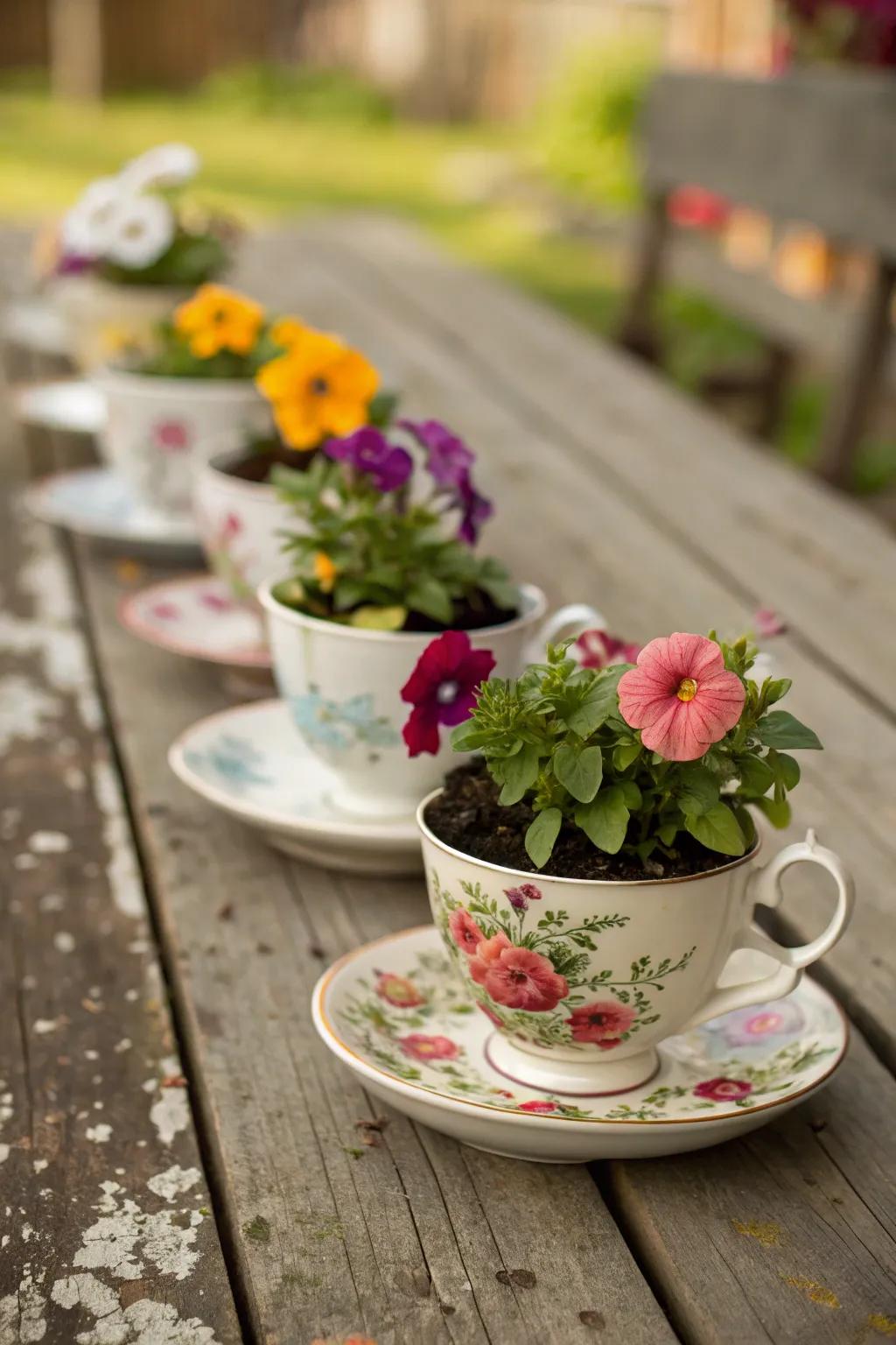Repurpose vintage teacups for an adorable petunia display.