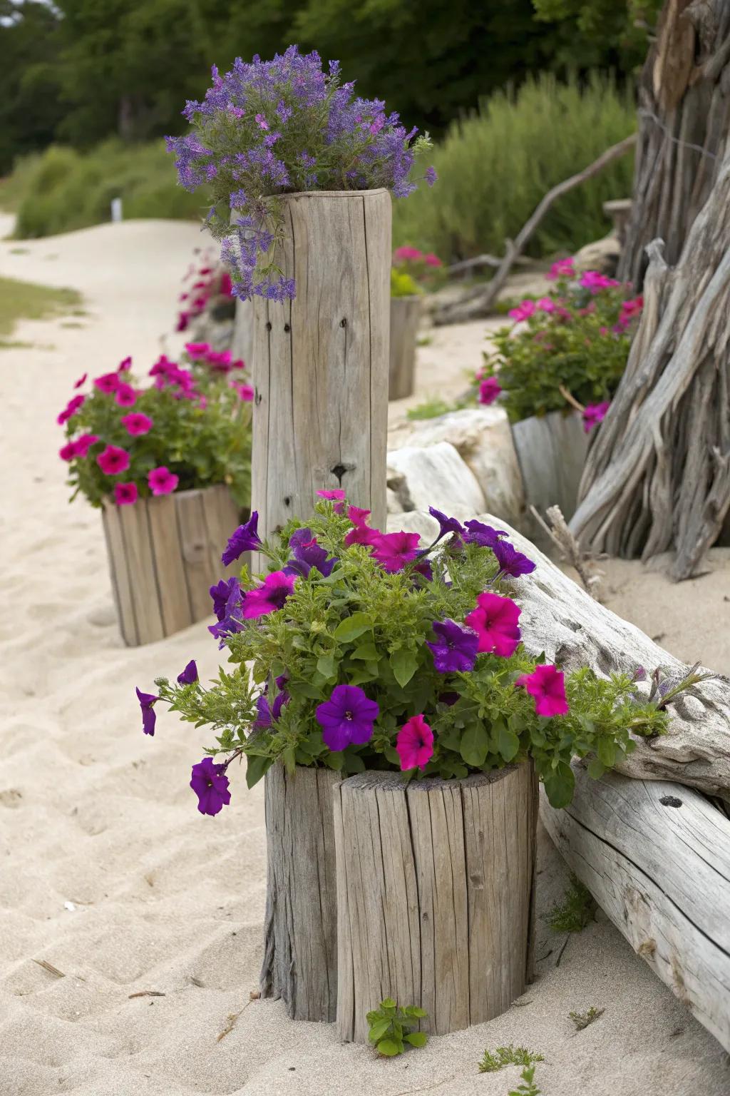 Create a beachy vibe with driftwood and petunias.