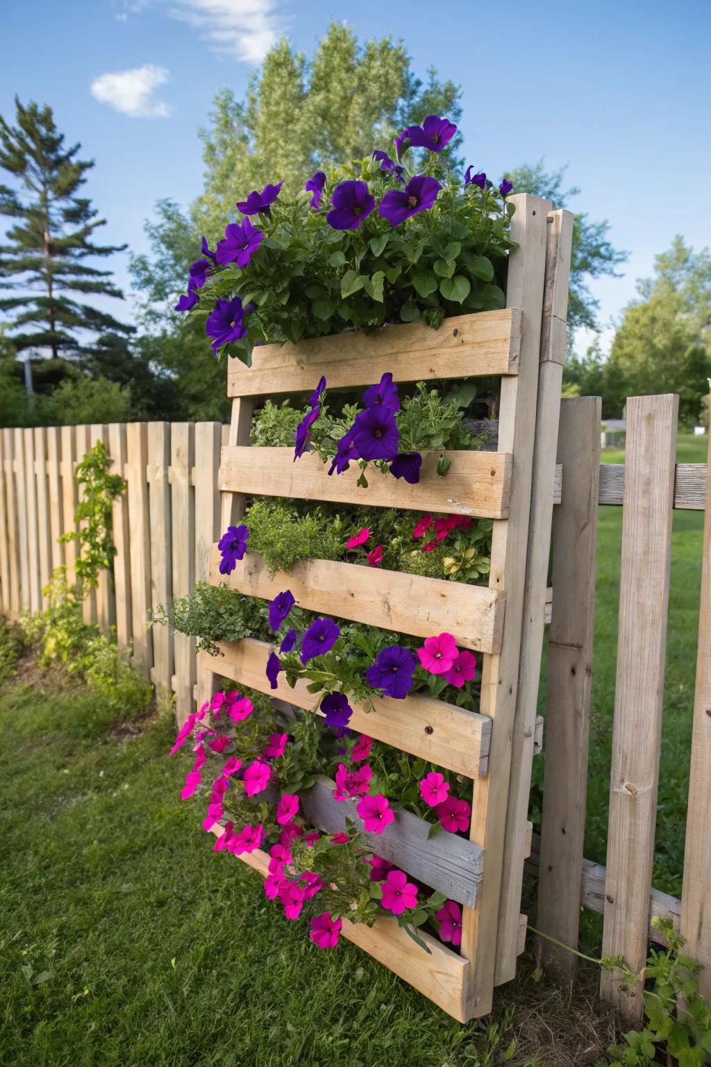Upcycle a pallet into a rustic vertical petunia display.