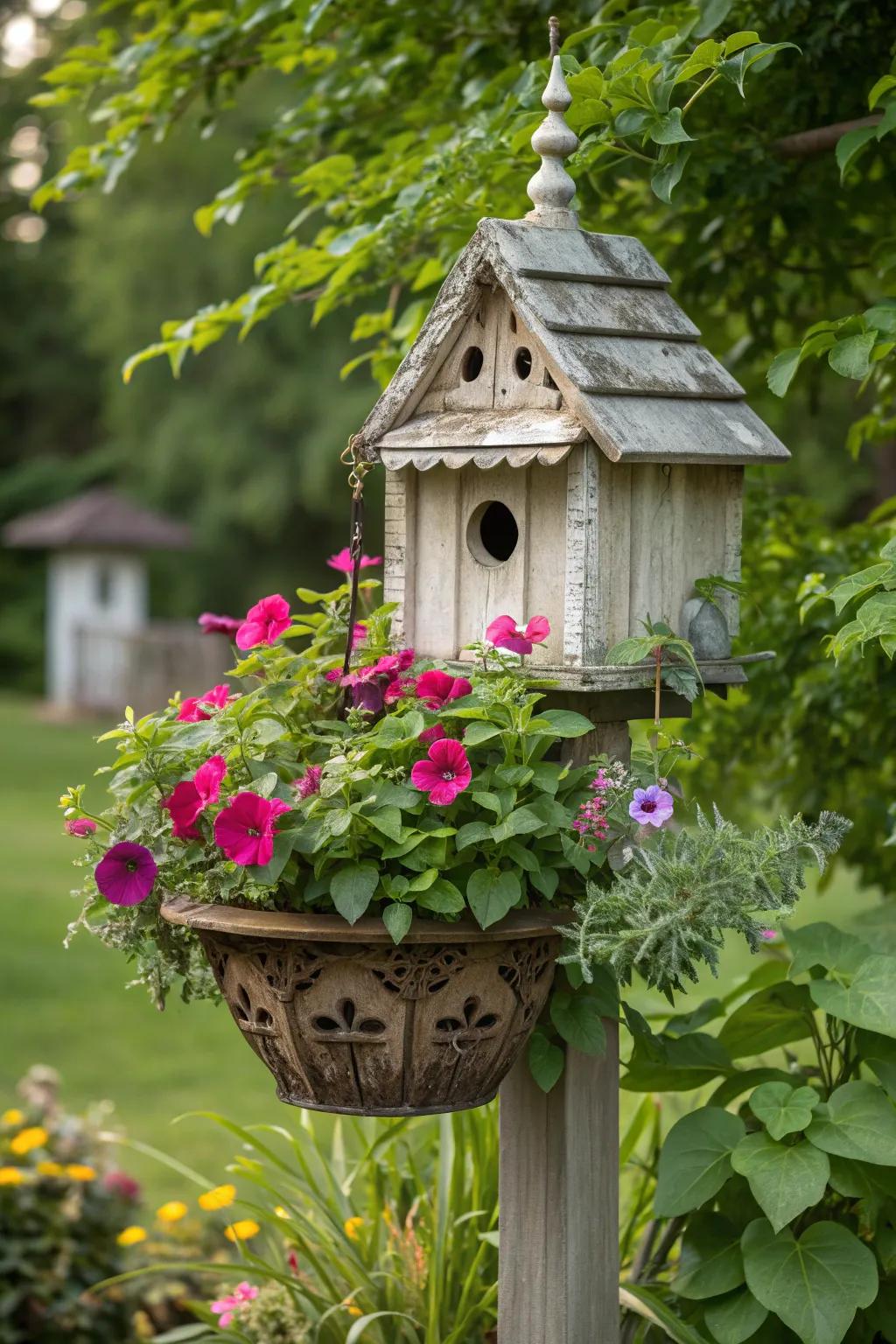 Combine charm and functionality with a birdhouse planter.