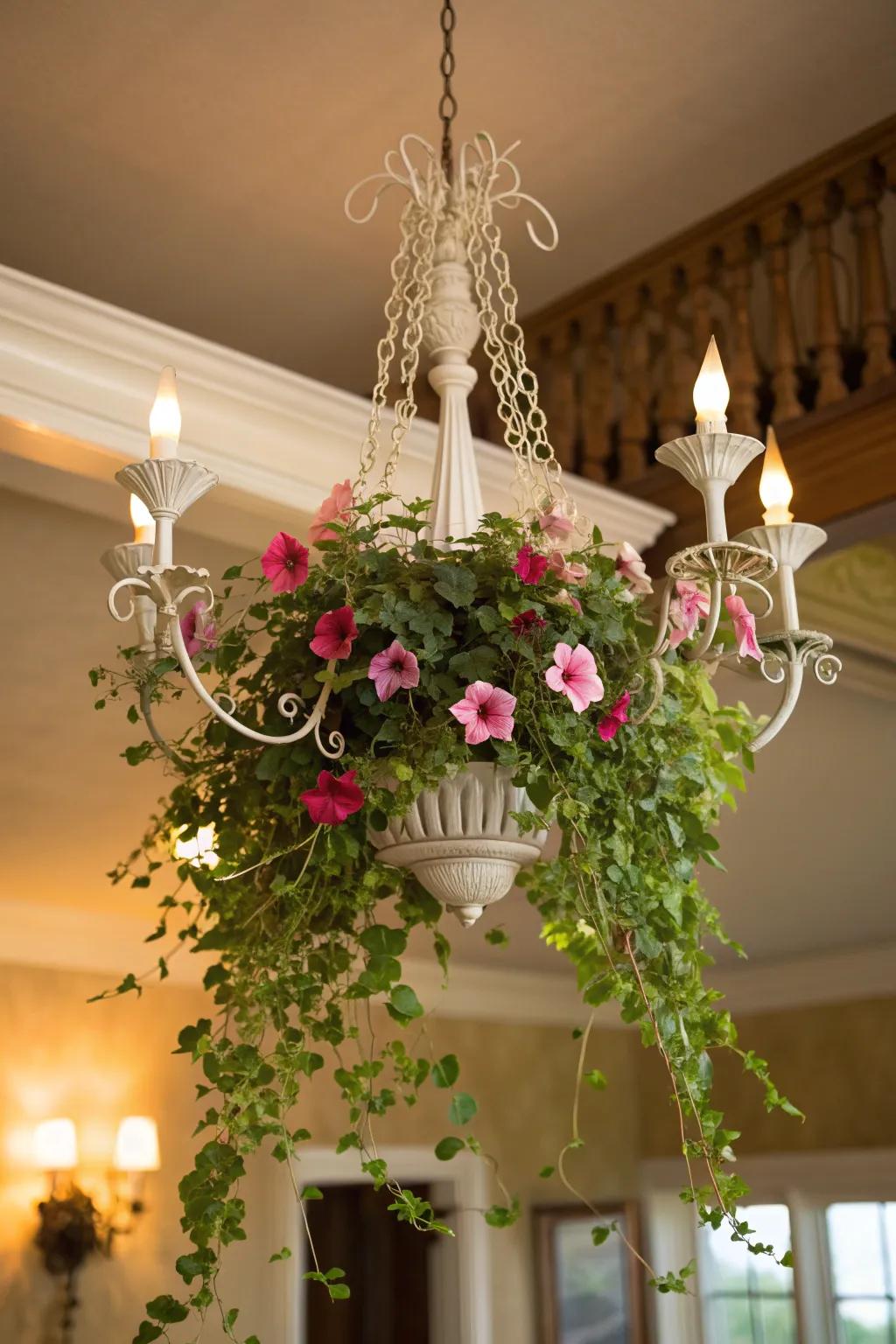 Add elegance with a chandelier transformed into a petunia planter.