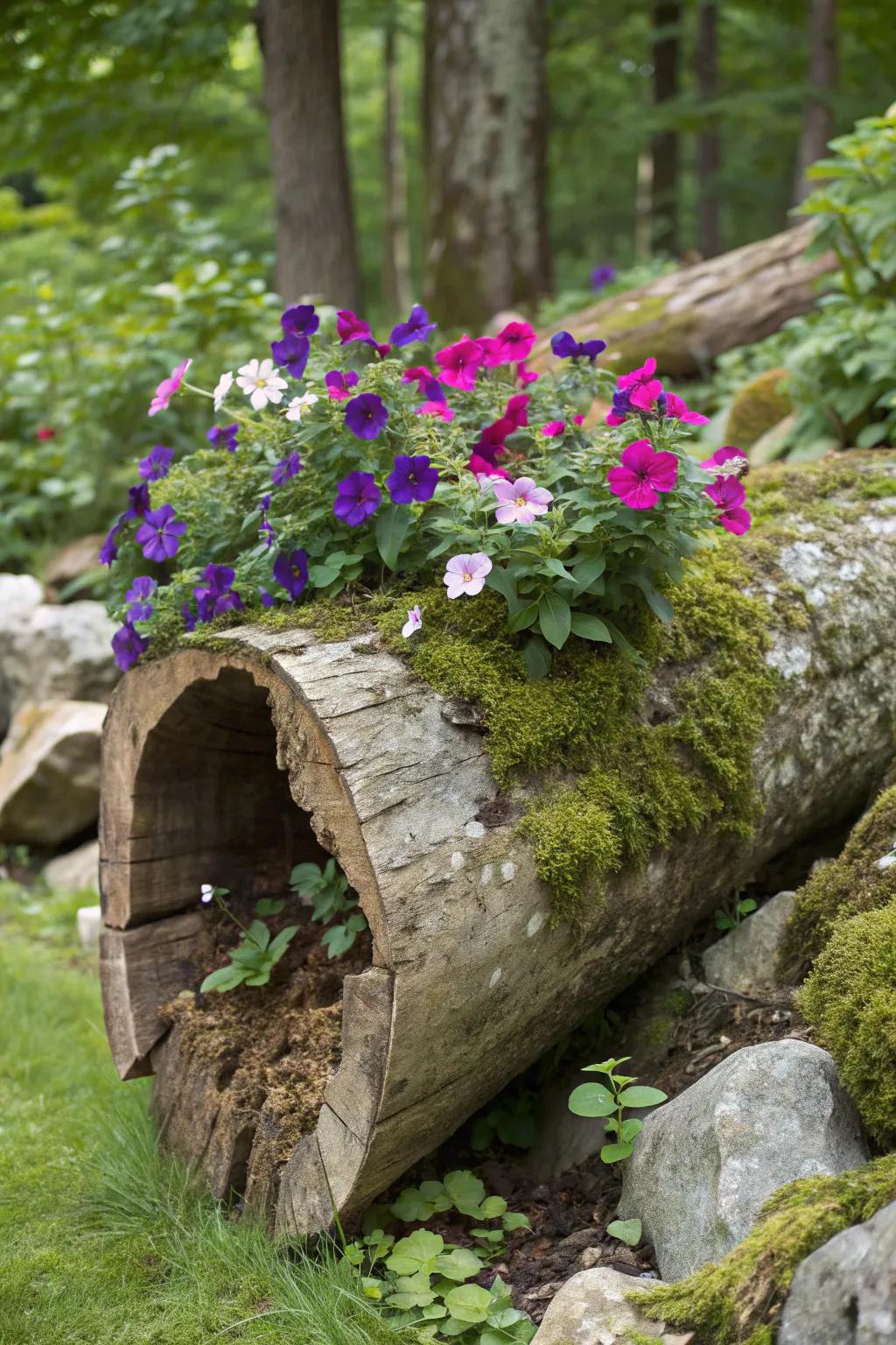 Blend nature with petunias using log planters.
